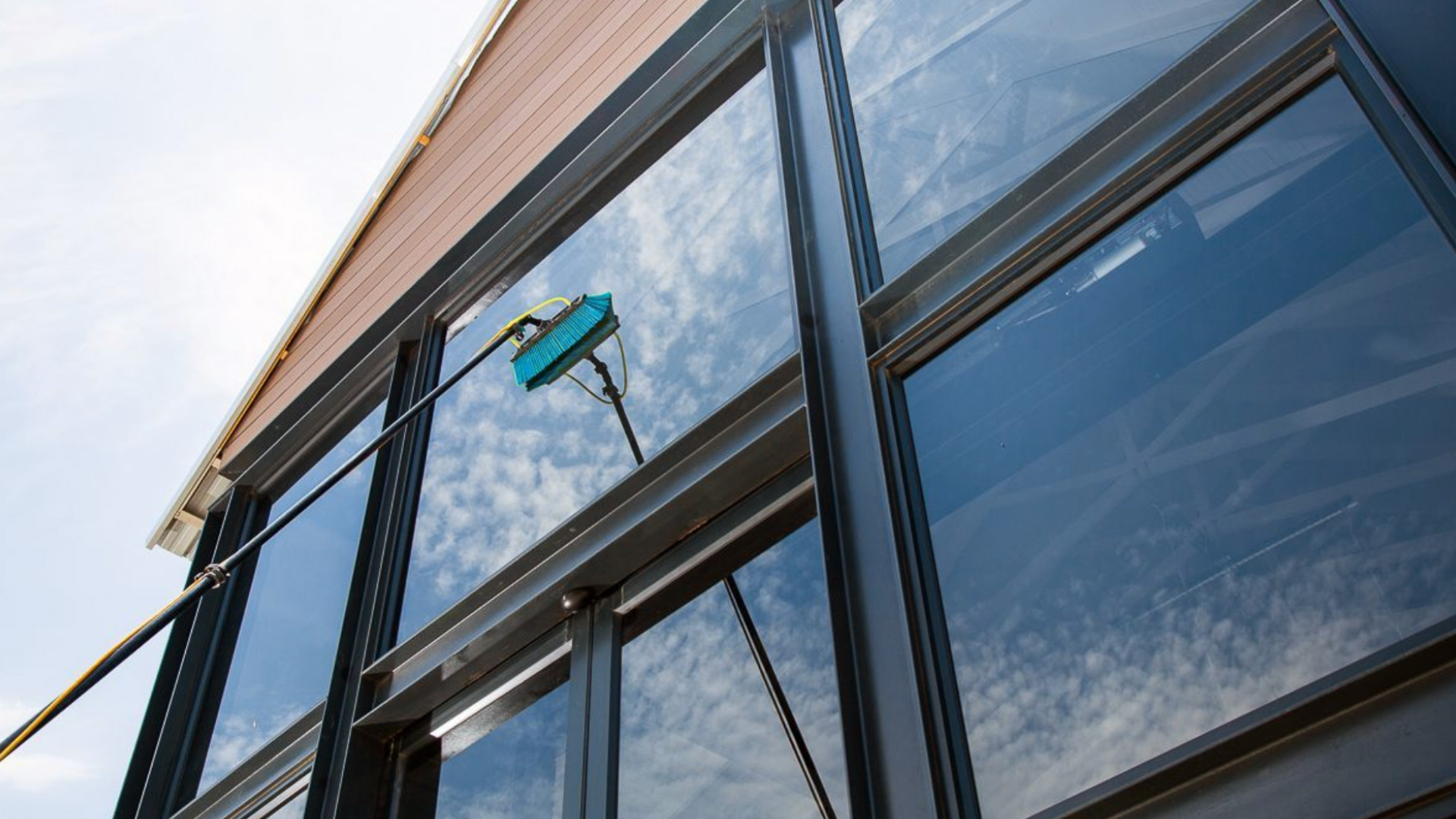 Professional window cleaner washing a sparkling home window
